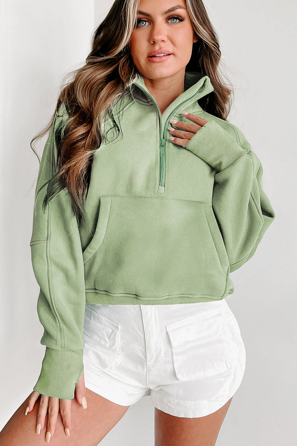 Green Fleece Lined Zip Up Stand Collar Thumbhole Sleeve Sweatshirt