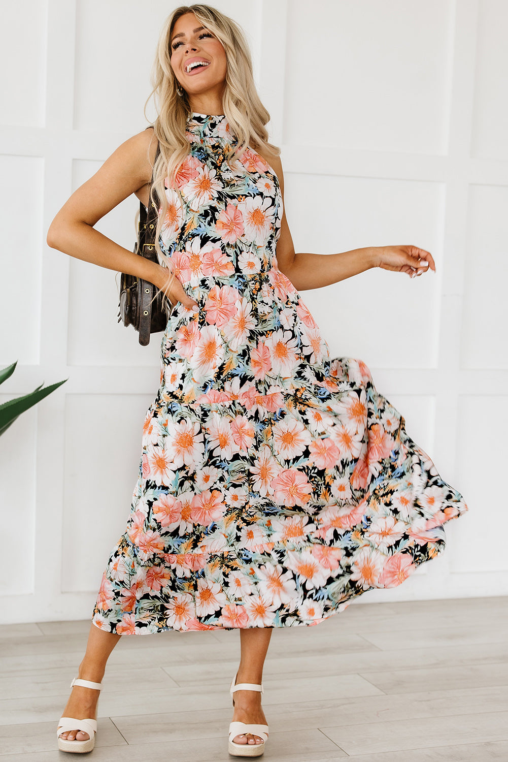 Black Boho Floral Print Knotted Halter Ruffled Maxi Dress