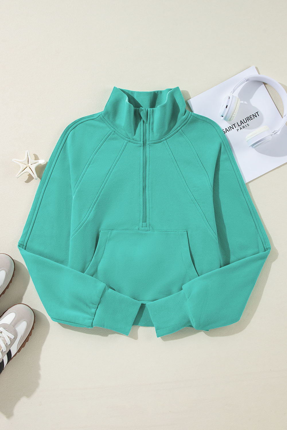 Green Fleece Lined Zip Up Stand Collar Thumbhole Sleeve Sweatshirt