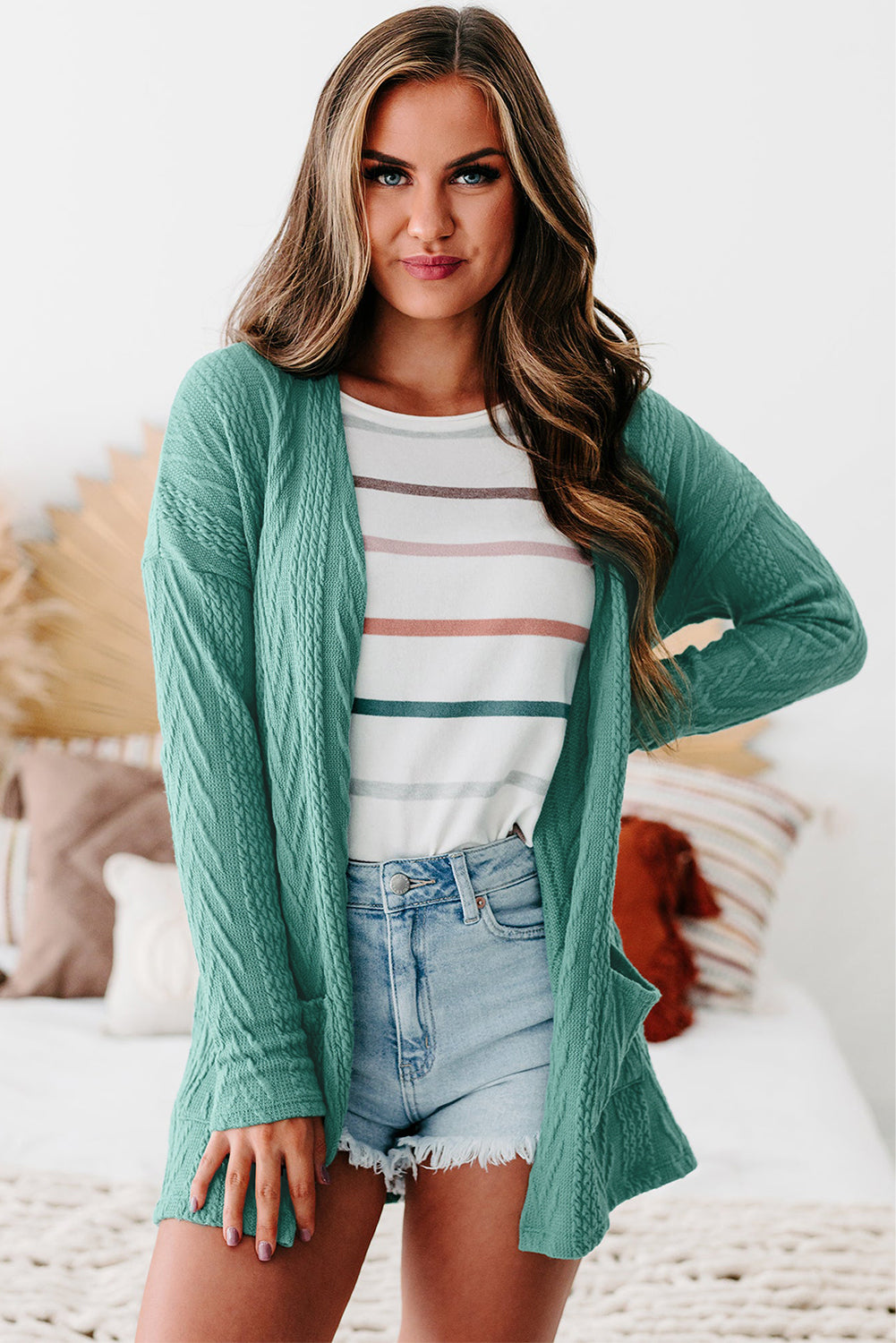 Canton  Solid Textured Open Front Cardigan with Pocket