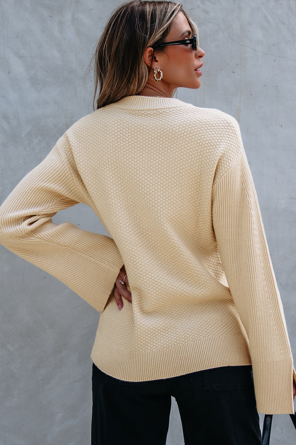 Parchment Solid Textured Knit Split Cuff Drop Shoulder Loose Sweater