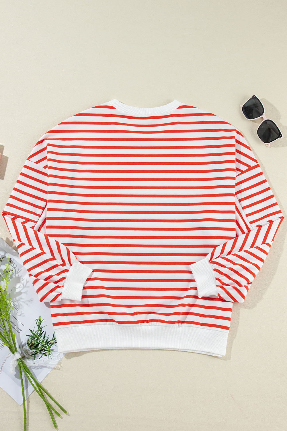 Orange Stripe Drop Shoulder Crew Neck Loose Sweatshirt