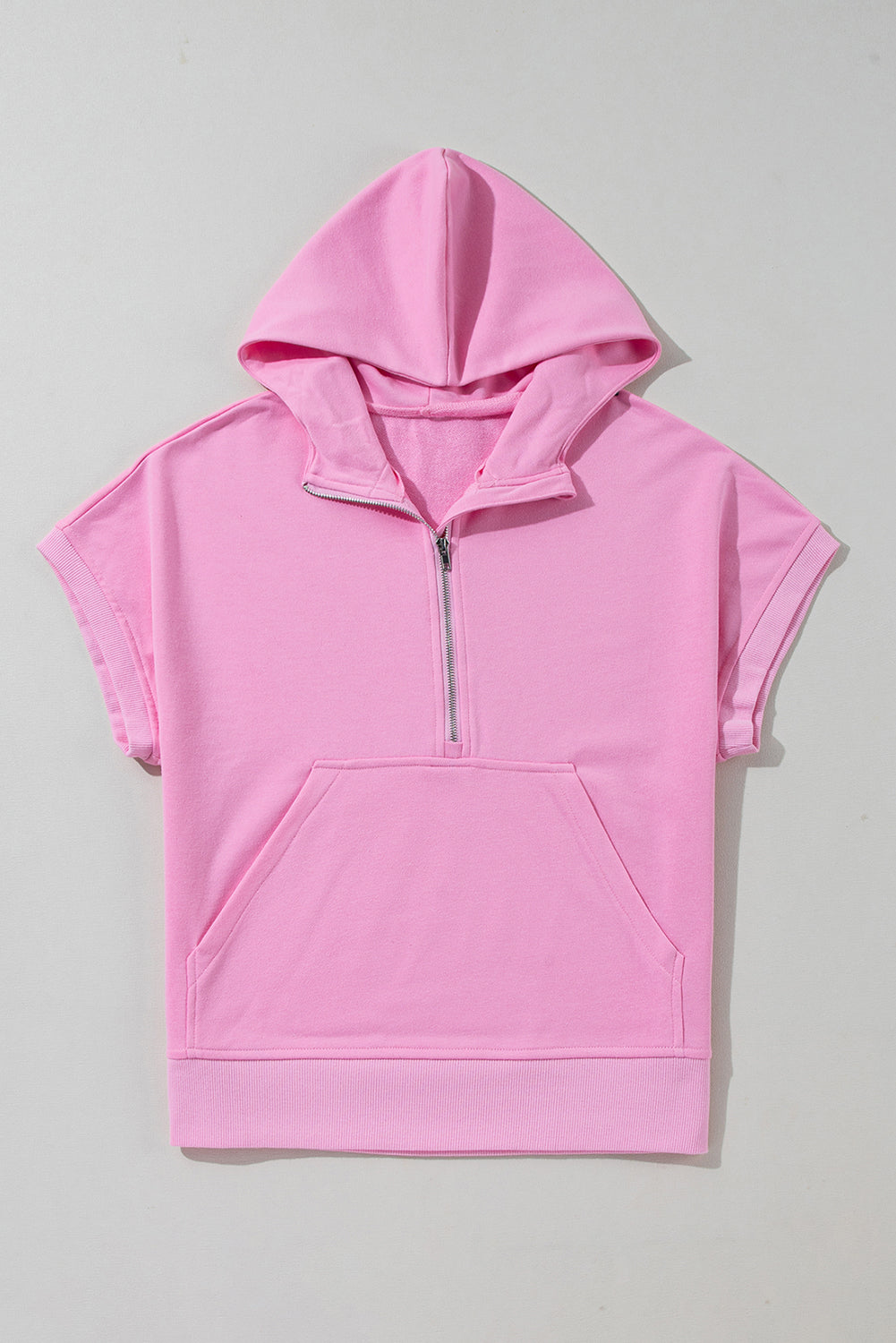 Bonbon Half Zipper Kangaroo Pocket Short Sleeve Hoodie