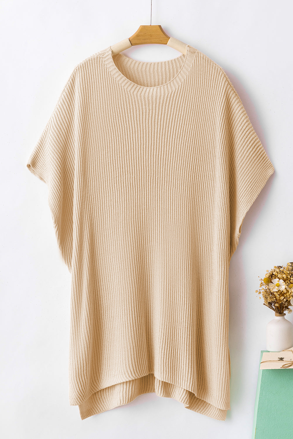 Apricot Short Sleeve Side Slit Oversized Sweater