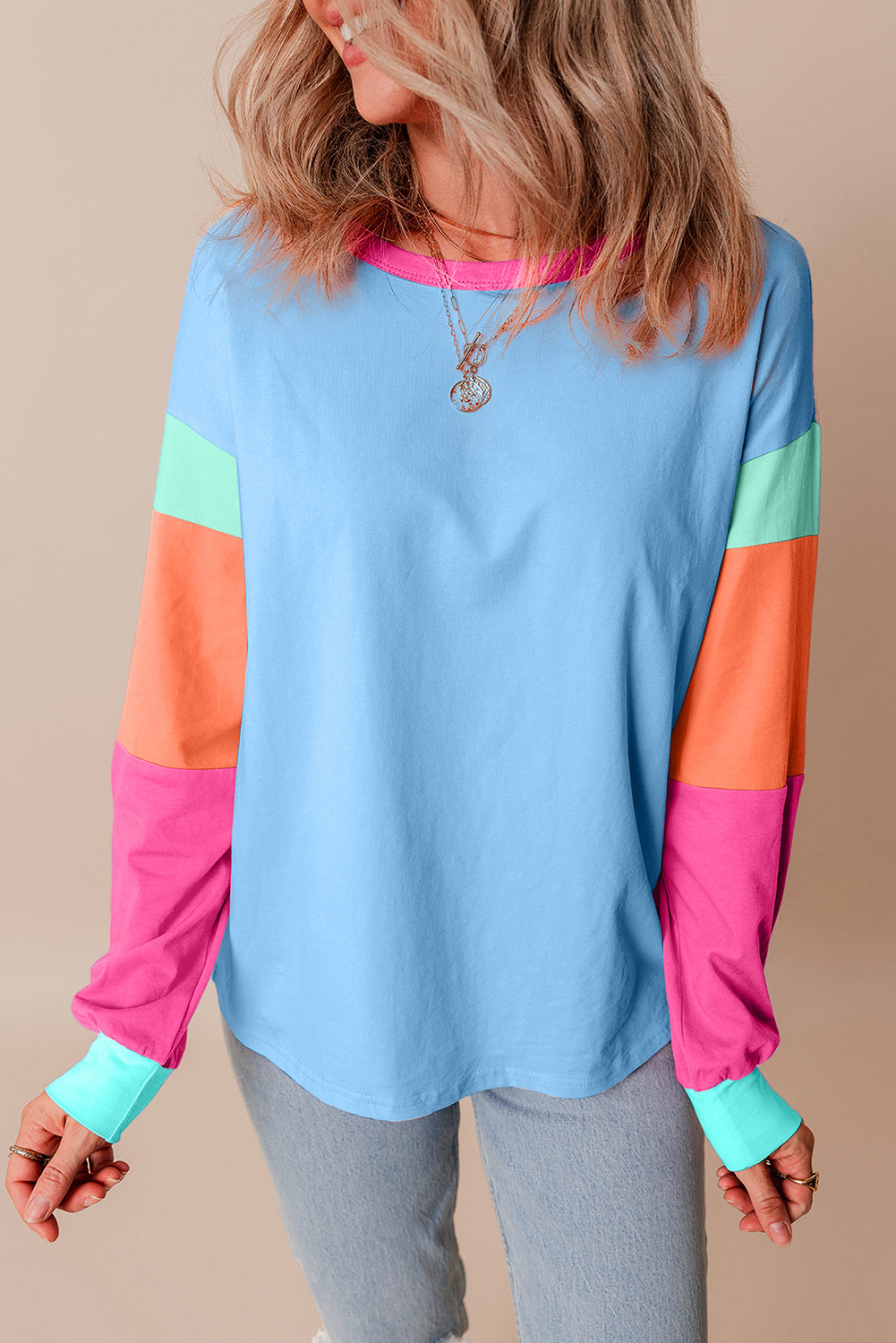 Pink Colorblock Patchwork Long Sleeve Loose Top