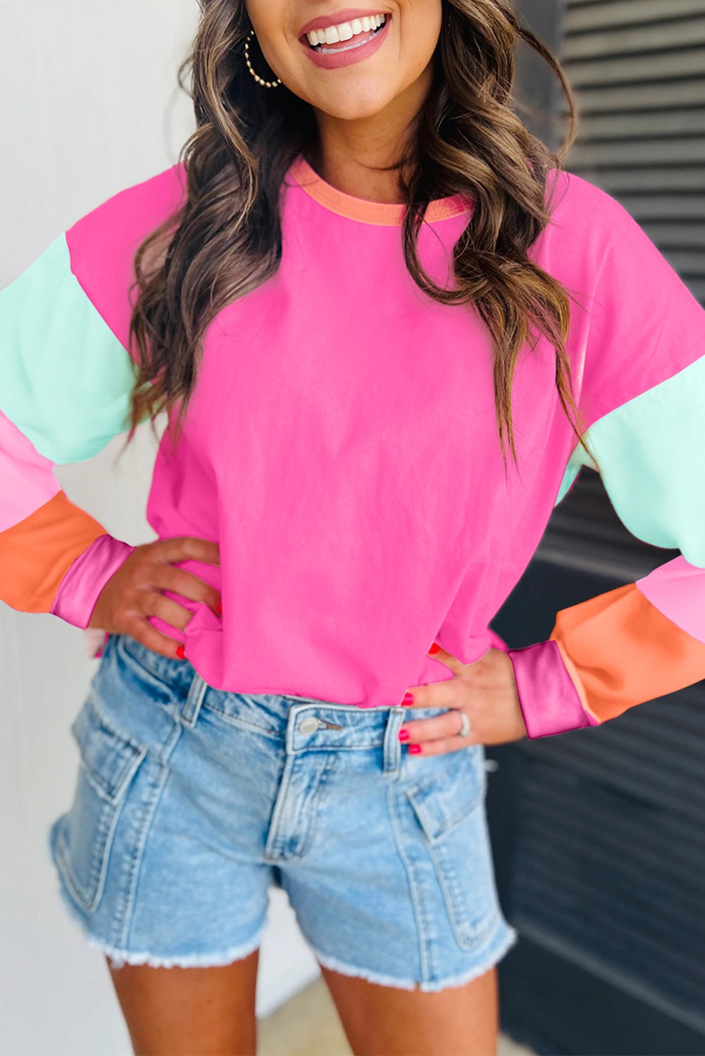 Pink Colorblock Patchwork Long Sleeve Loose Top