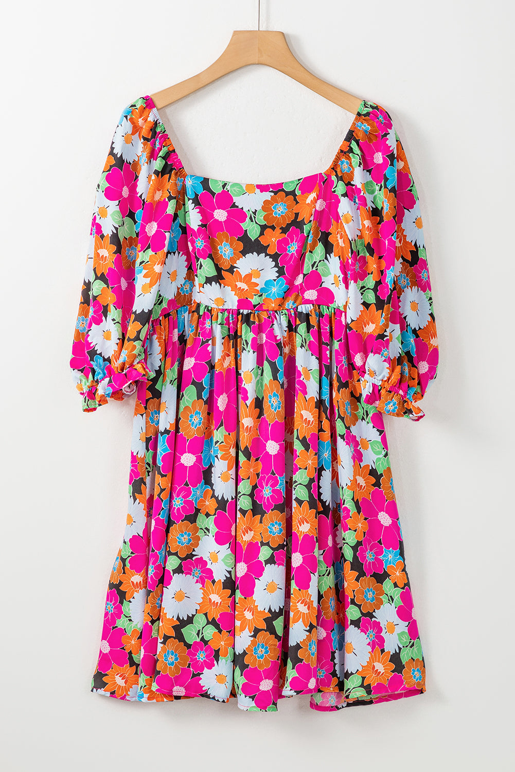 Rose Floral Print Square Neck Short Puff Sleeve Dress