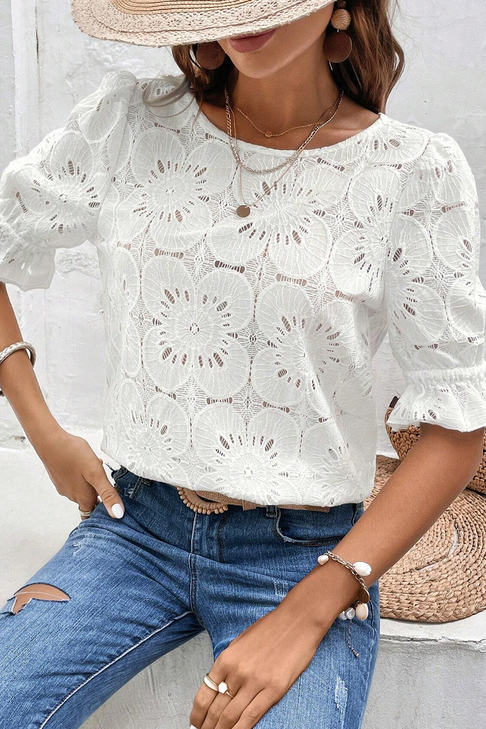 White Flower Eyelet Jacquard Keyhole Flounce Sleeve Top