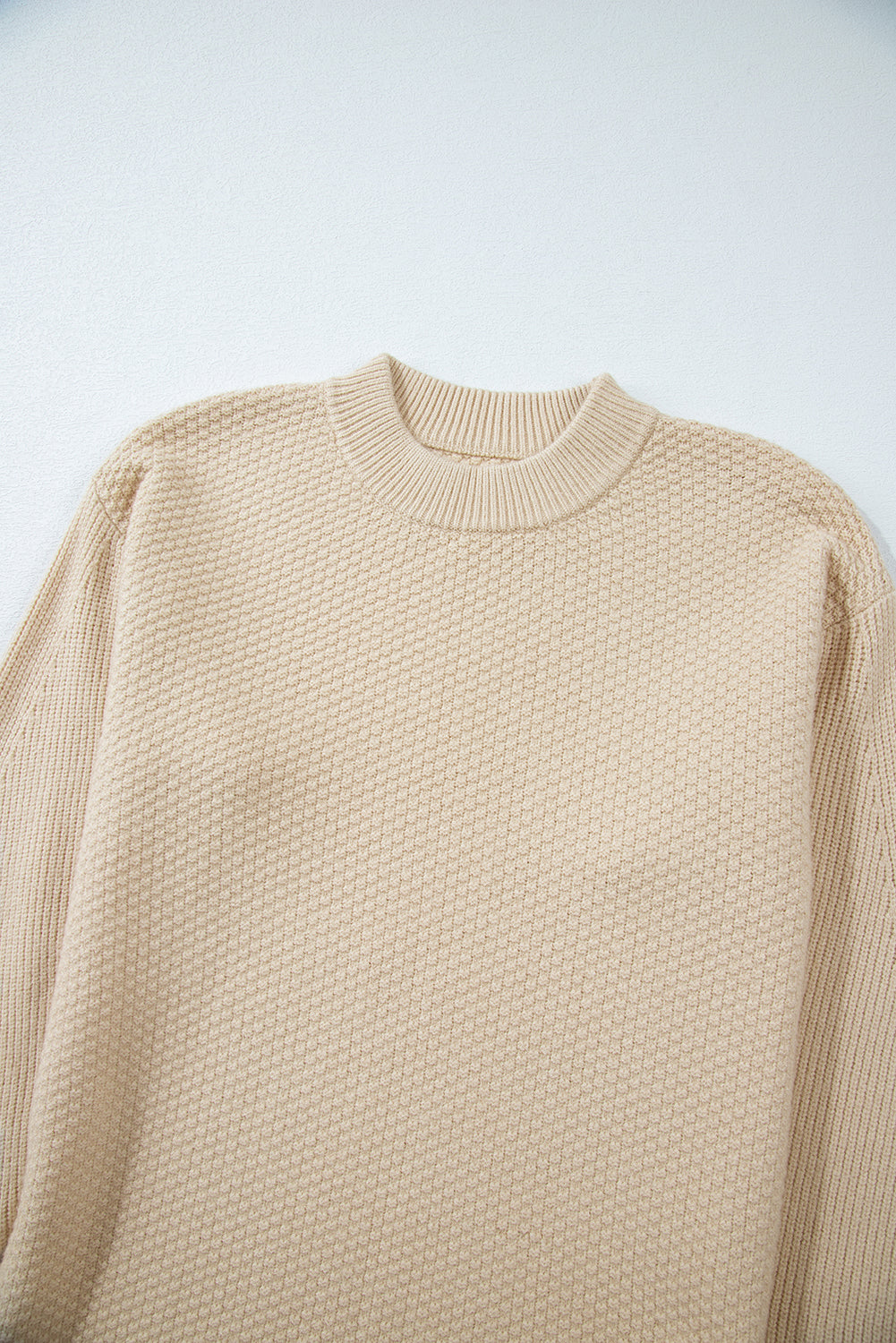 Parchment Solid Textured Knit Split Cuff Drop Shoulder Loose Sweater