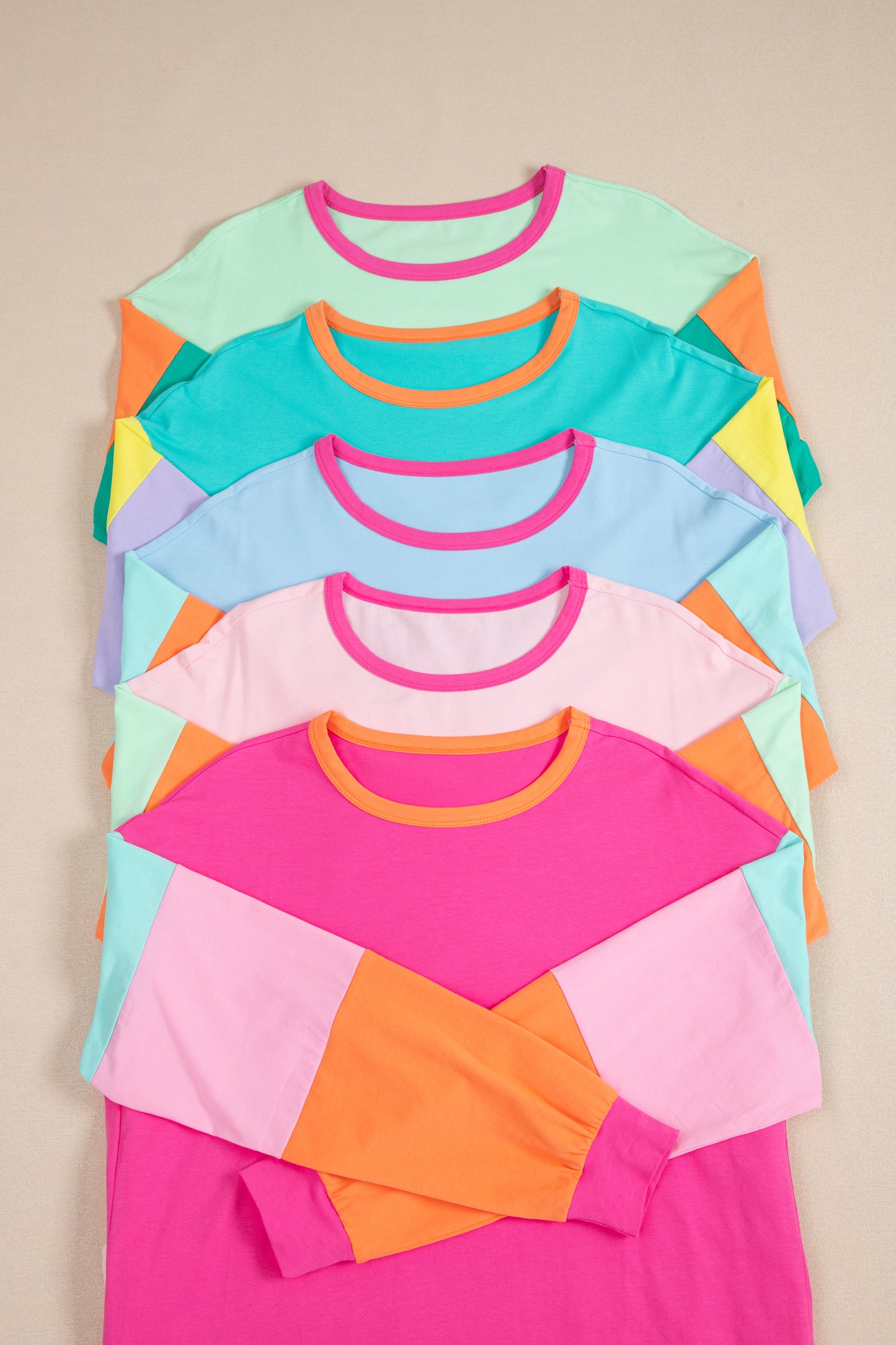 Pink Colorblock Patchwork Long Sleeve Loose Top