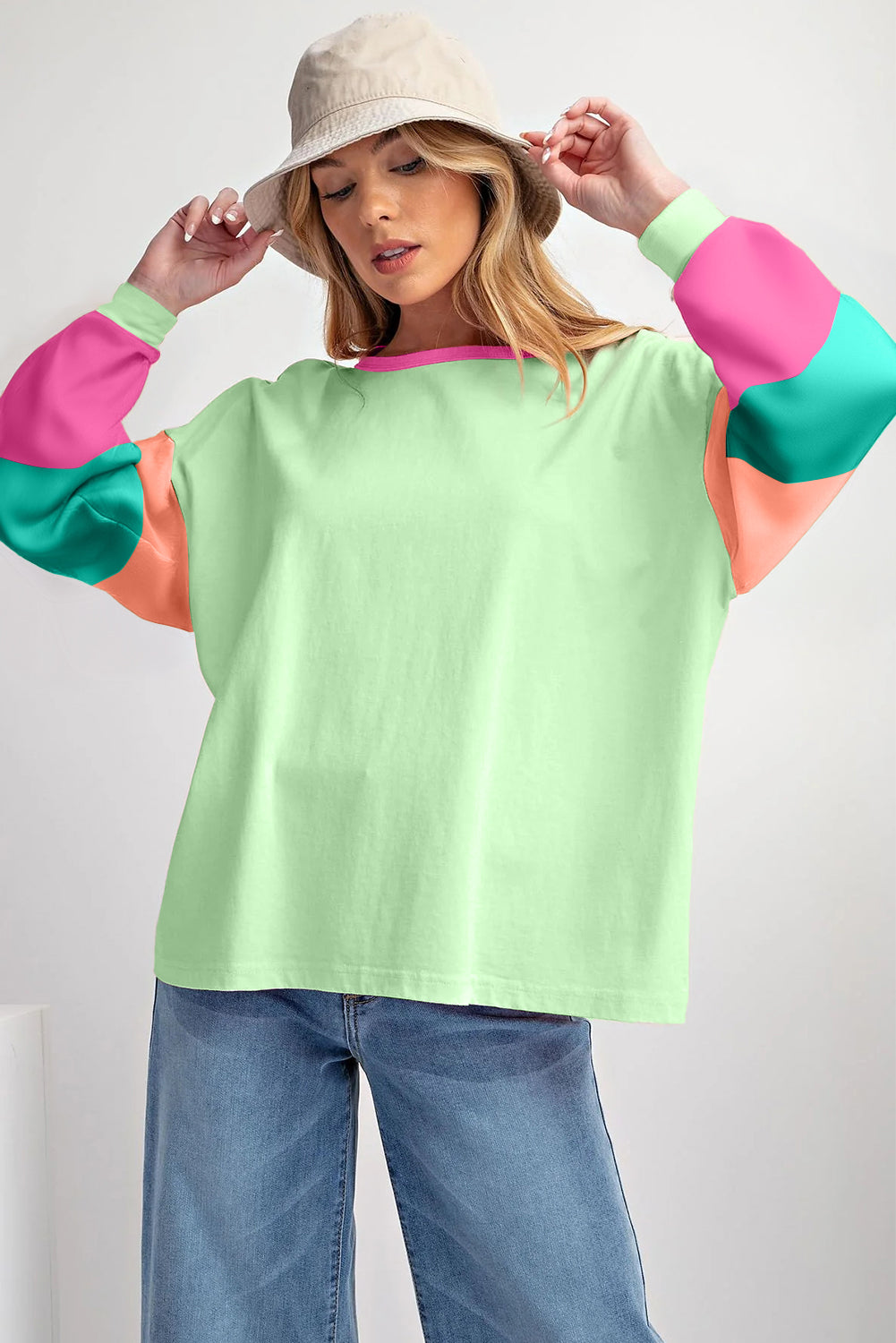 Pink Colorblock Patchwork Long Sleeve Loose Top