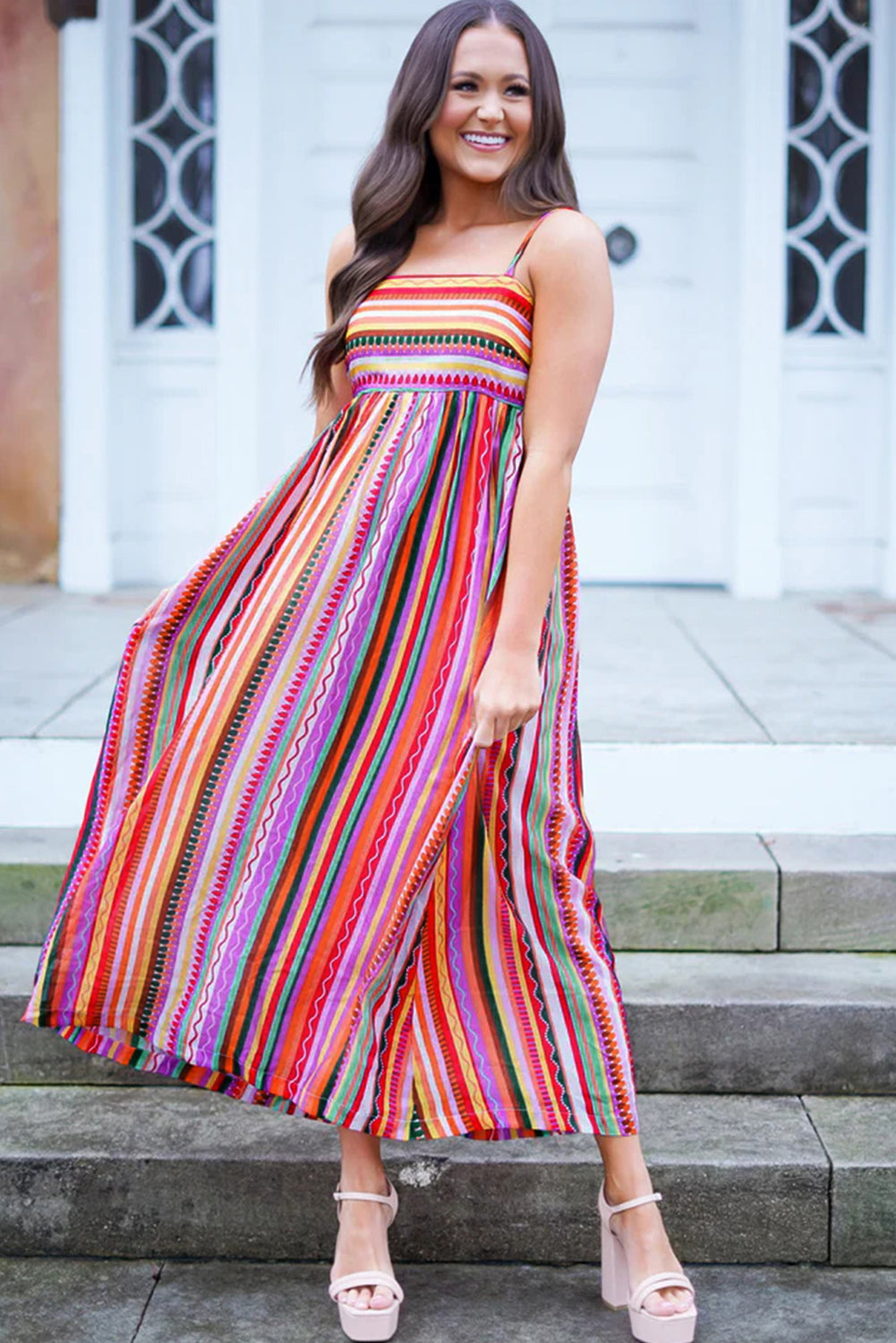 Multicolour Striped Thin Straps Smocked Back Boho Maxi Dress