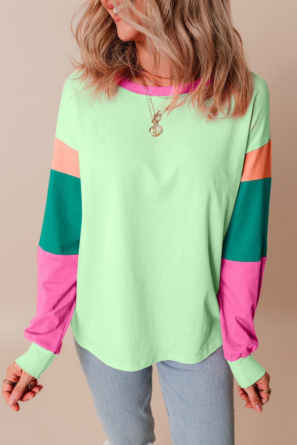 Pink Colorblock Patchwork Long Sleeve Loose Top