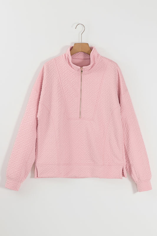 Light Pink Solid Textured Half Zipper Collared Sweatshirt