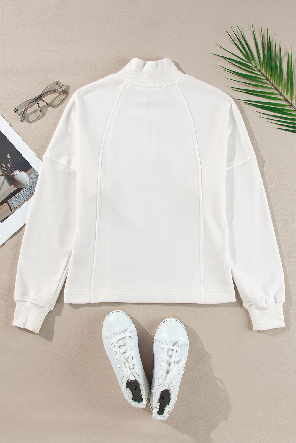 White Zipped Neck Pullover Drop Shoulder Sweatshirt