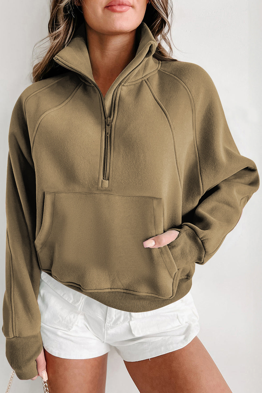 Green Fleece Lined Zip Up Stand Collar Thumbhole Sleeve Sweatshirt