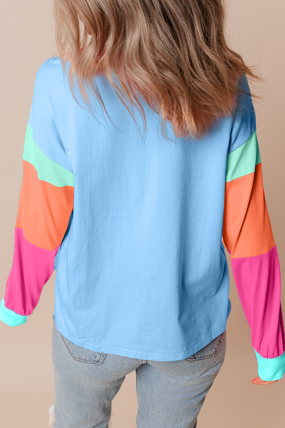 Pink Colorblock Patchwork Long Sleeve Loose Top