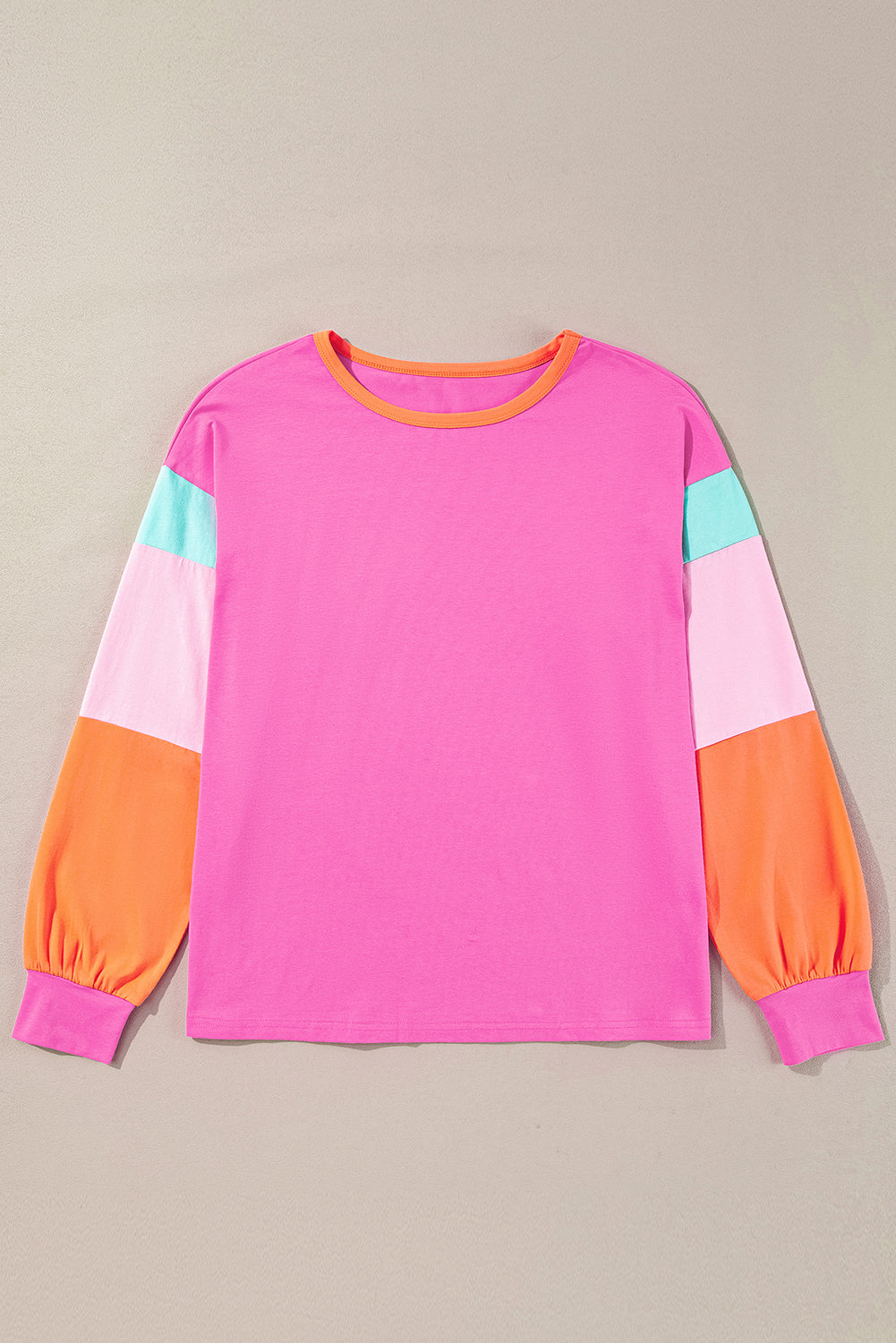 Pink Colorblock Patchwork Long Sleeve Loose Top