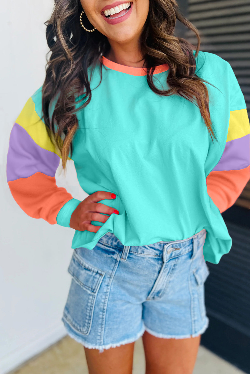 Pink Colorblock Patchwork Long Sleeve Loose Top